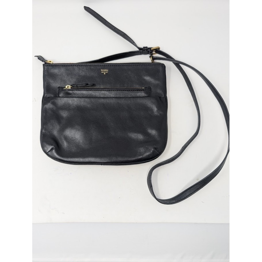 Fossil Tessa Black Pebbled Leather Crossbody Bag Gold Zippers Purse Handbag